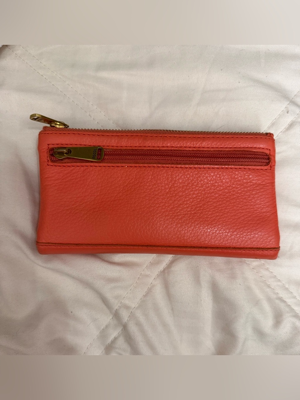 Fossil Coral-Orange Leather Snap Zip Wallet 7”W X 3.5”H approximately